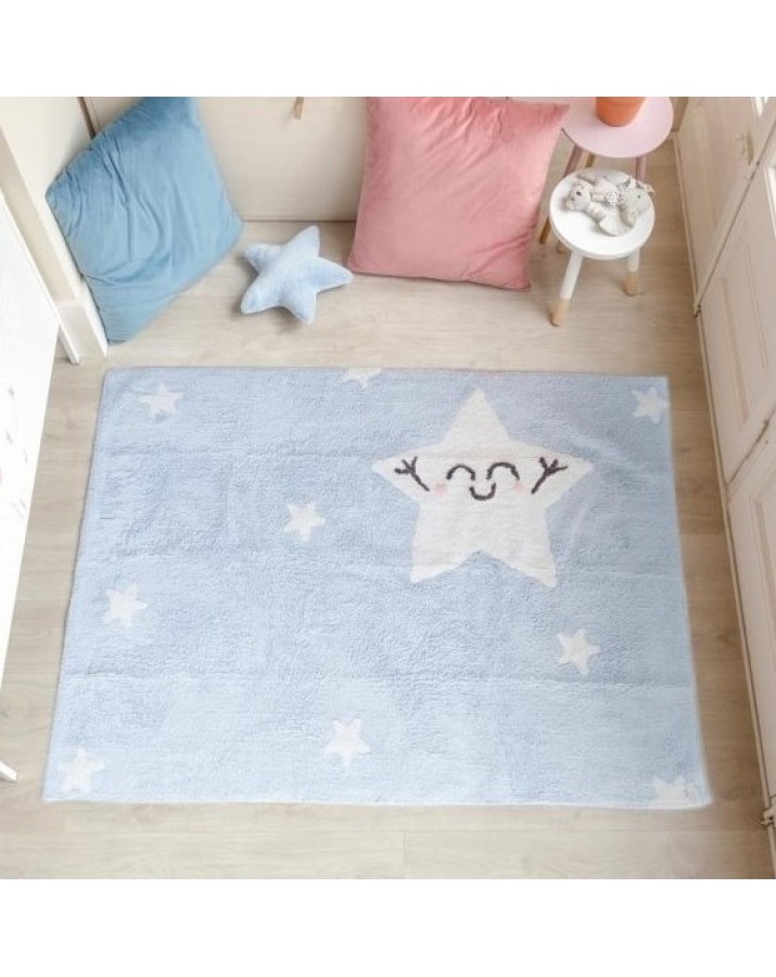Melsvas skalbiamas kilimas su žvaigždelėmisVaikiški kilimai