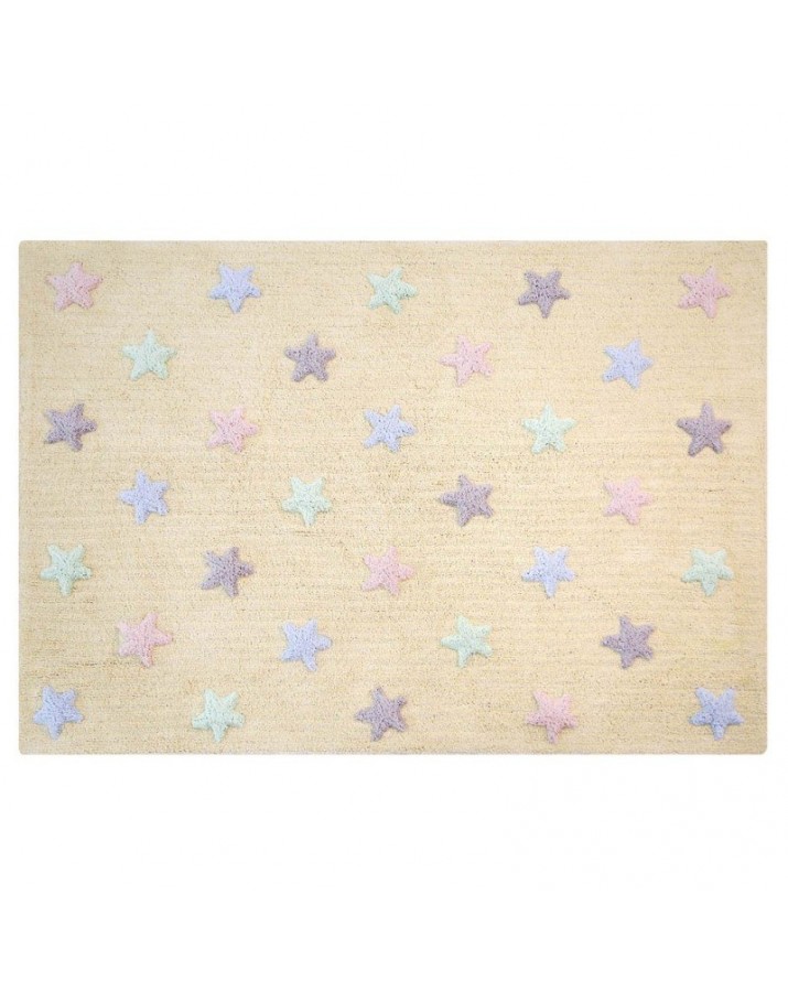 Gelsvas skalbiamas kilimas su spalvotomis žvaigždutėmis
